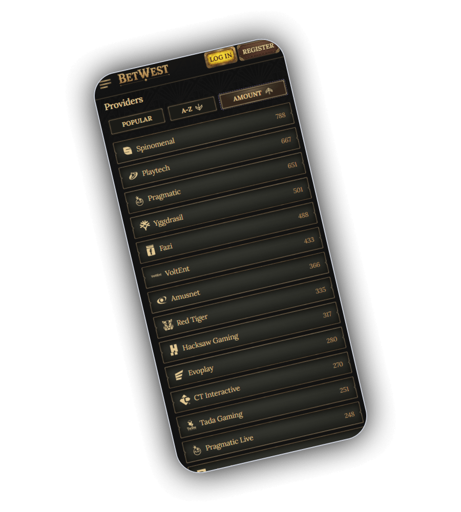 BetWest casino game lobby with top slots and providers
