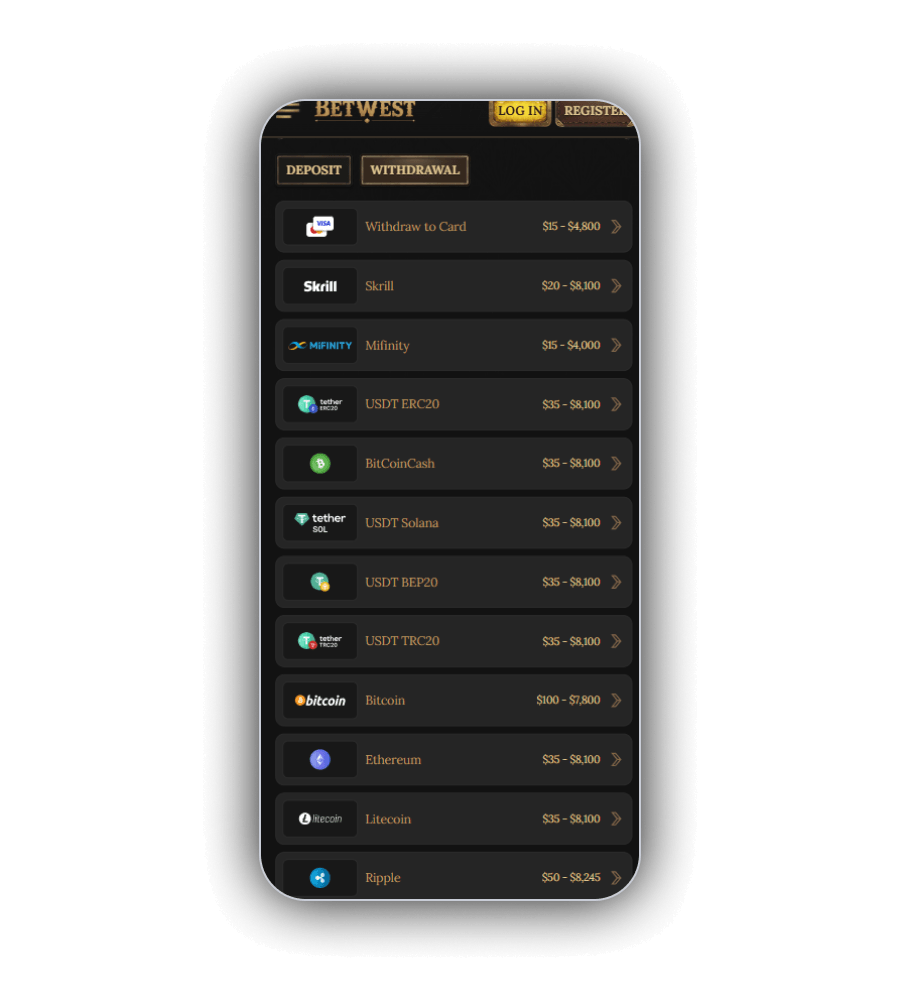 BetWest cashier and instant banking on mobile