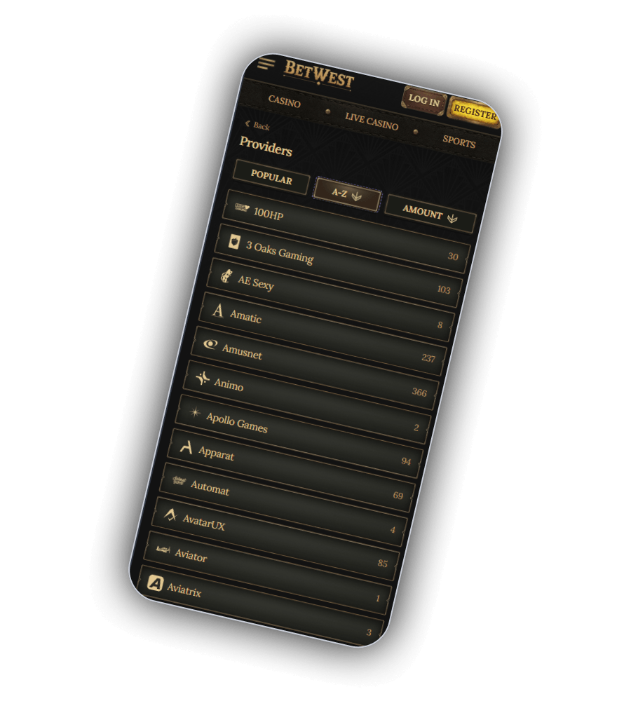 BetWest casino game lobby with top slots and providers