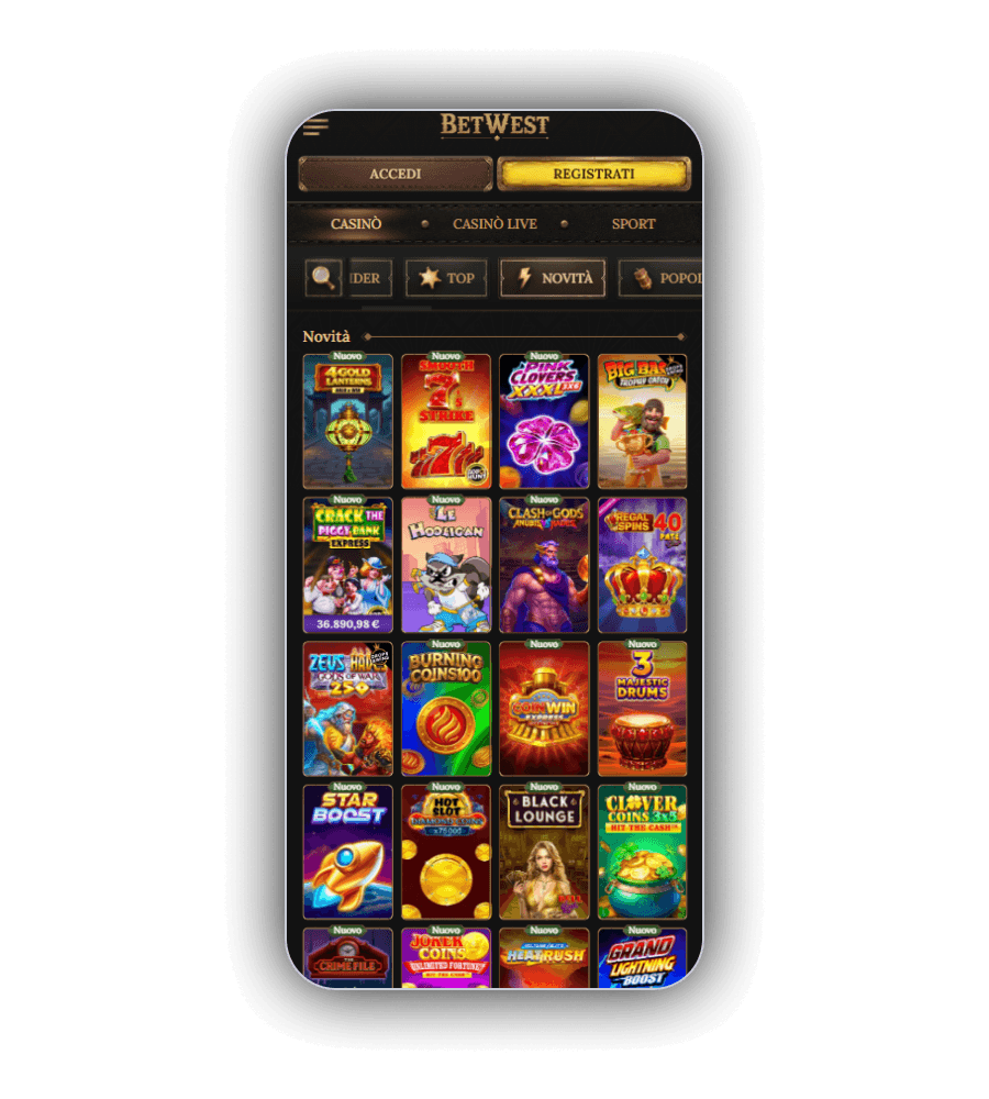 Slot e giochi live BetWest su mobile