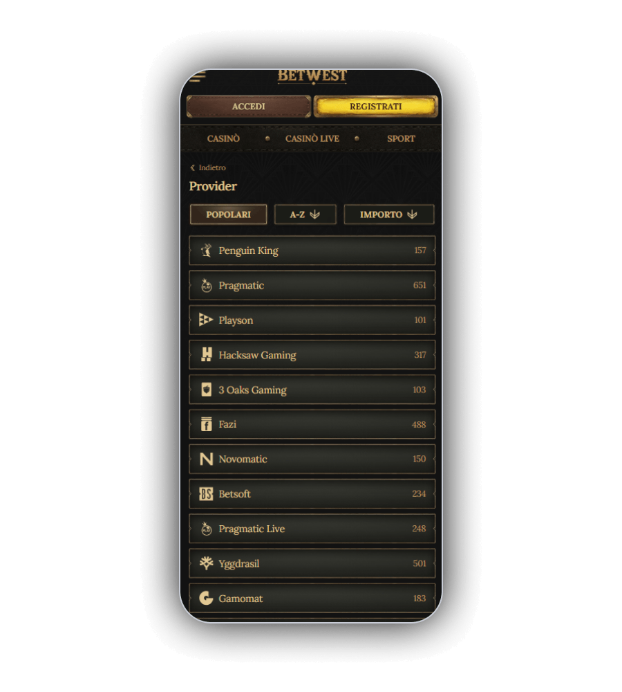BetWest casino game lobby with top slots and providers